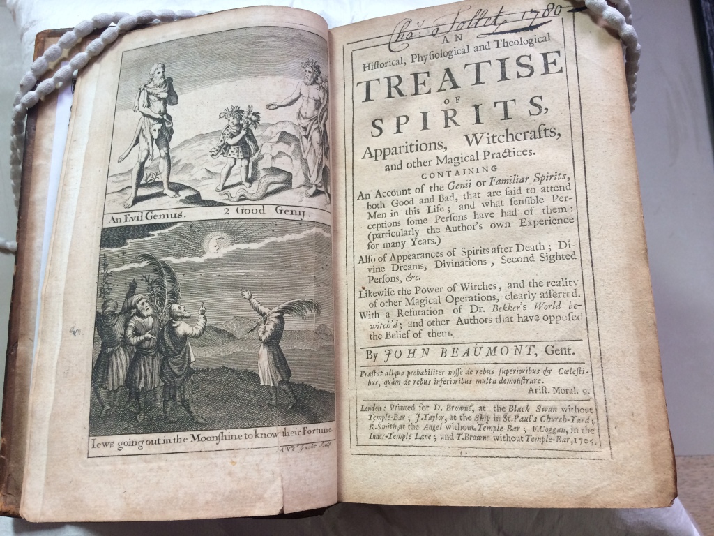 First edition of this early account of the supernatural, with wonderful engraved frontispiece of an “Evil Genius,” “Good Genii” and “Jews Going Out in the Moonshine” by Michael van der Gucht.