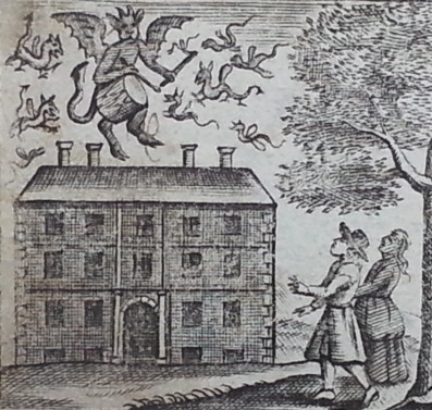 Two figures watch a devil beating a drum above a house